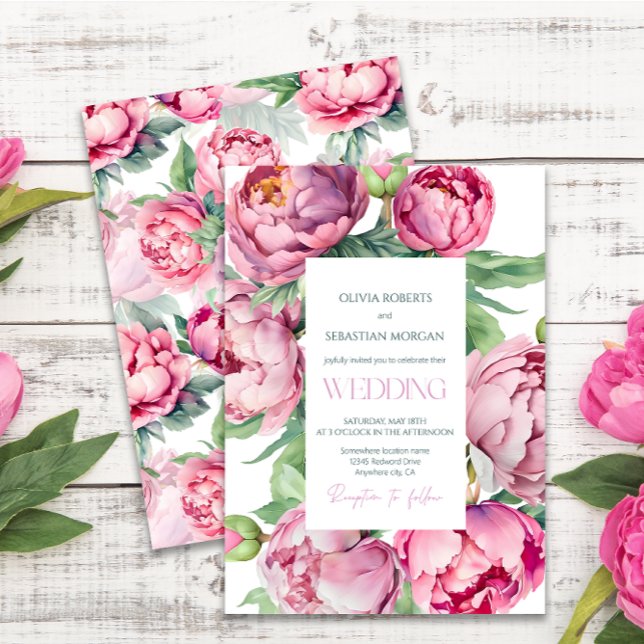  Rosa Peonies Watercolor Bröllop Inbjudningar (Skapare uppladdad)