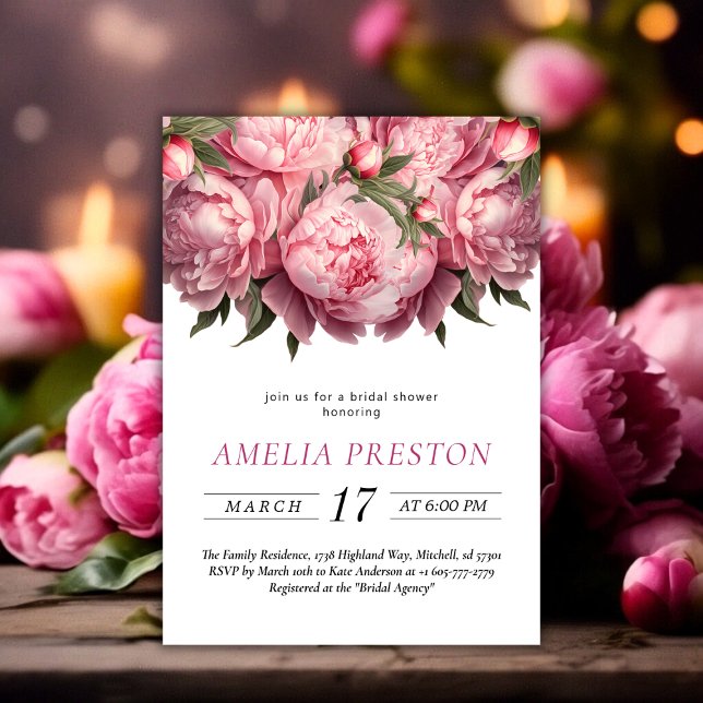 Rosa Peonies Watercolor Möhippa Inbjudningar (Pink Peonies Watercolor Bridal Shower Invitation)