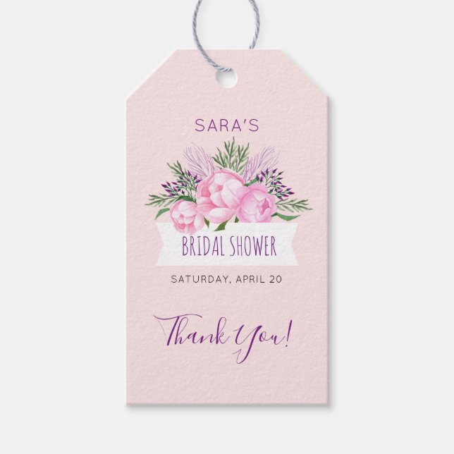 Rosa Peonies Watercolor Möhippa Presentetikett (Framsidan)