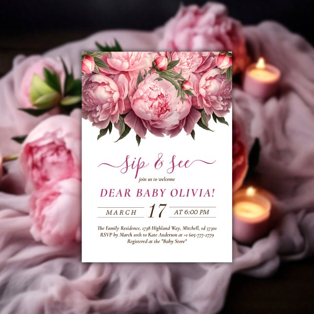 Rosa Peonies Watercolor Sip och Se inbjudan (Pink Peonies Watercolor Sip and See Invitation)