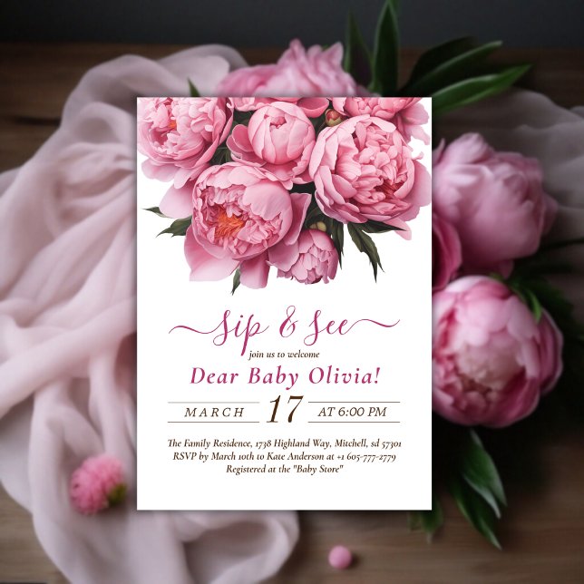 Rosa Peonies Watercolor Sip och Se inbjudan (Pink Peonies Watercolor Sip and See Invitation)