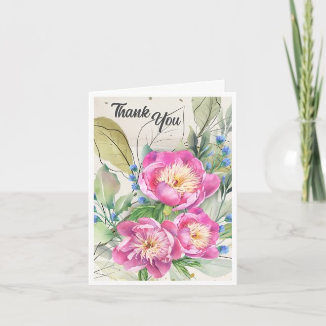 Rosa Peonies Watercolor Tack you Card (Framsida)