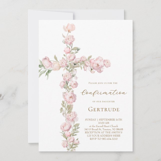 rosa peonior kors Konfirmation Inbjudningar (Framsida)