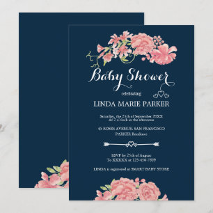 Rosa peonior marinblå blomsterglädje elegant baby inbjudningar