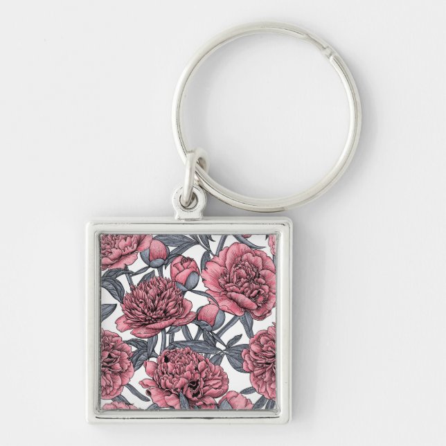 Rosa peonträdgård fyrkantig silverfärgad nyckelring (Framsidan)
