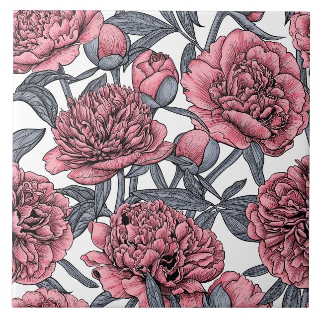 Rosa peonträdgård kakelplatta (Framsidan)