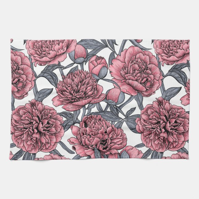 Rosa peonträdgård kökshandduk (Horisontell)