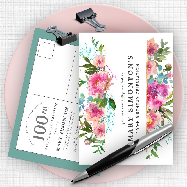 Rosa Peony 100:e födelsedagen Inbjudan Vykort (Skapare uppladdad)
