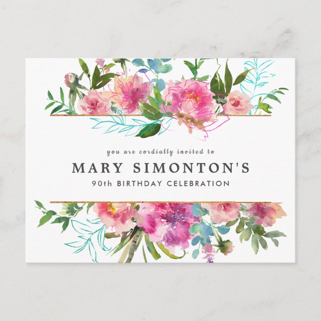 Rosa Peony 90:e Birthday Inbjudan Vykort (Framsida)
