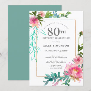 Rosa Peony Akvarell Blommig 80-årsdag Inbjudningar