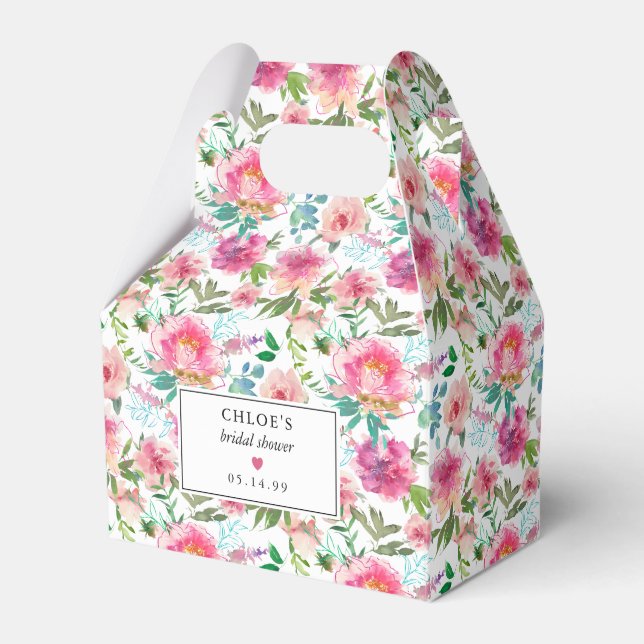 Rosa Peony-Akvarell Blommig Bröllopsdusch Presentaskar (Framsidan Sidan)