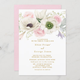 Rosa Peony Anemones Flower Guld Bröllop Inbjudningar