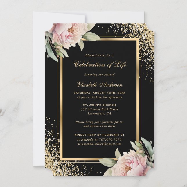 Rosa Peony Black Guld Photo Firande i Life Inbjudningar (Framsida)
