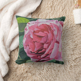 Rosa Peony-blomma med grönt löv, fast rygg, Kudde