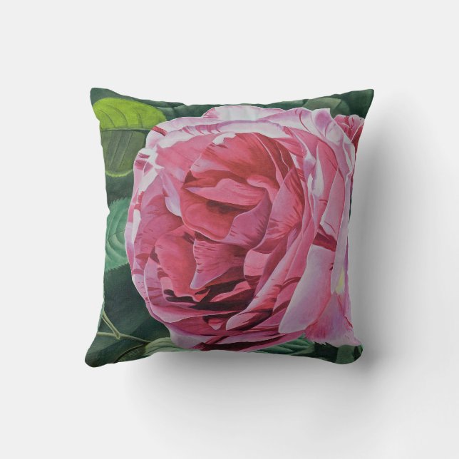 Rosa Peony-blomma med grönt löv, kvadrat Kudde (Baksida)