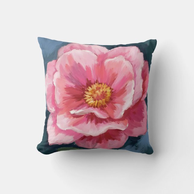 Rosa Peony Blomma Vattenfärg Blommig Kudde (Framsida)