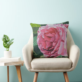 Rosa Peony-blomman med grönt lövs, stor Kudde