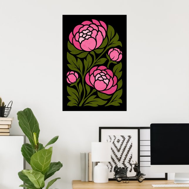 Rosa Peony Blommig Affisch, Botanisk Blomma Vägg Poster (Hemmakontoret)