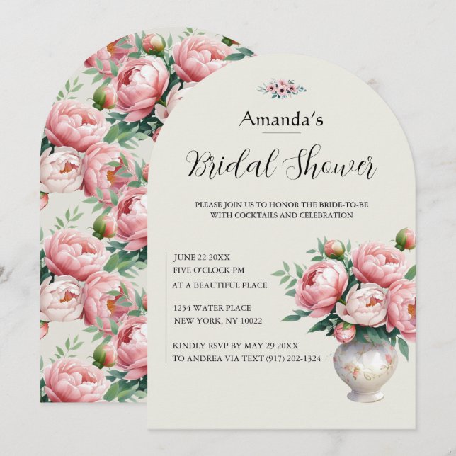 Rosa Peony Blommig Båge Bröllopsdusch  Inbjudningar (Fram/baksida)