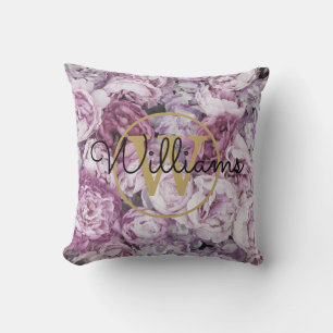 Rosa Peony Blommig Guld Monogram Namn Kudde