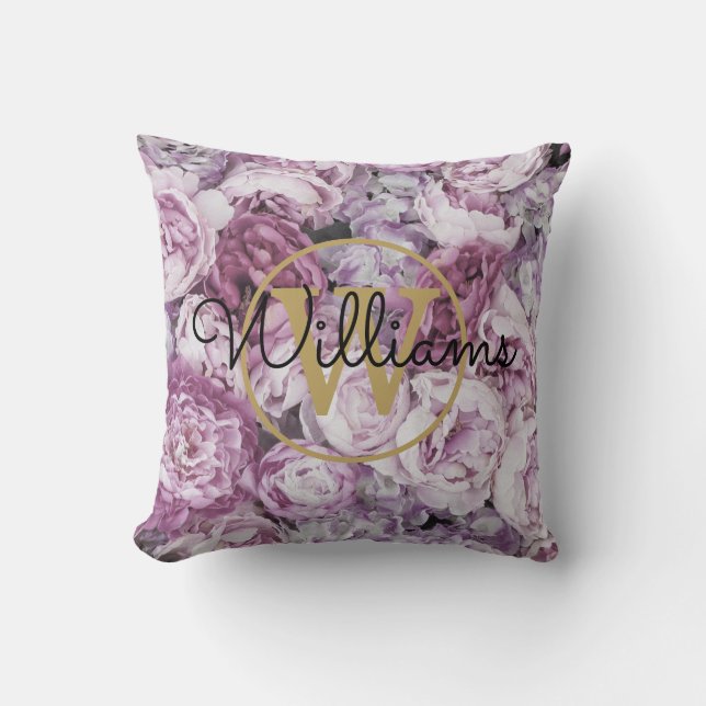 Rosa Peony Blommig Guld Monogram Namn Kudde (Framsida)