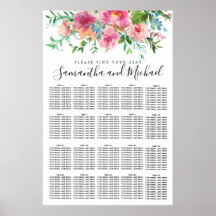 Rosa Peony Blommigt 20-Bord Bröllop, sittdiagram Poster