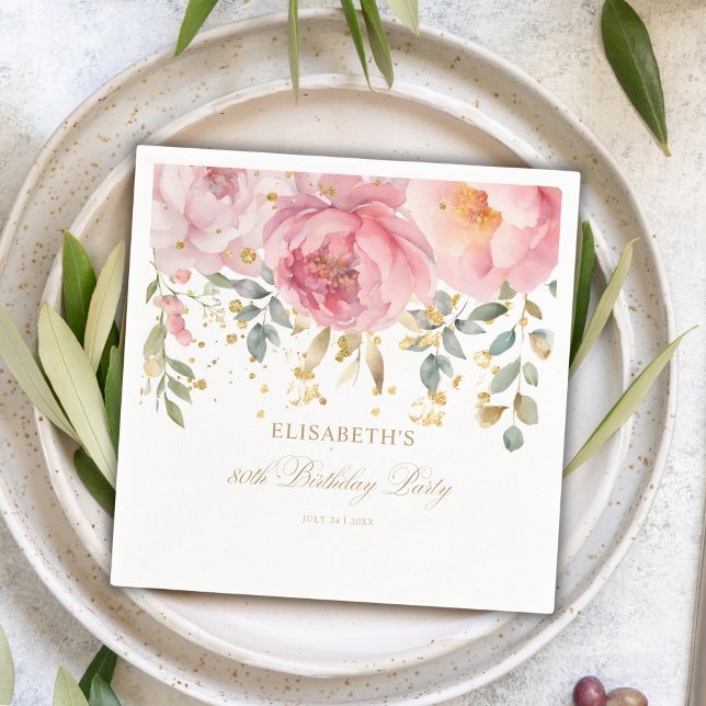  Rosa Peony Blommigt 80:e Födelsedagsfesten Pappersservett (Skapare uppladdad)