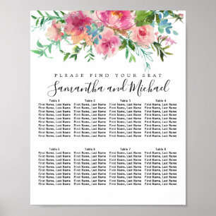 Rosa Peony Blommigt 8-Bord Bröllop, sittdiagram Poster