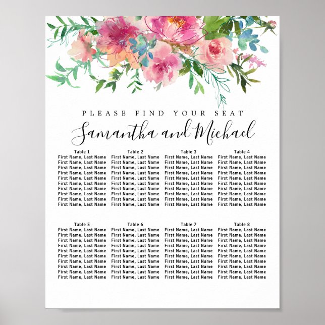 Rosa Peony Blommigt 8-Bord Bröllop, sittdiagram Poster (Framsidan)