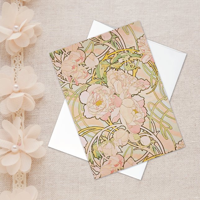 Rosa Peony Blommigt Alphonse Mucha Note Card OBS Kort (Skapare uppladdad)