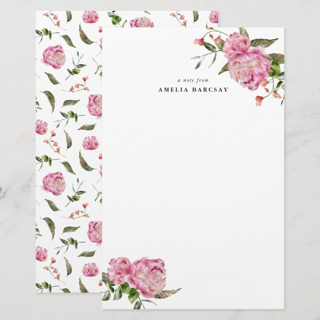 Rosa Peony Blommigt Anpassningsbar Stationery Brevpapper (Fram/baksida)