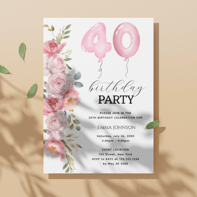 Rosa Peony Blommigt Balloon 40:e födelsedagen Part Inbjudningar (Skapare uppladdad)