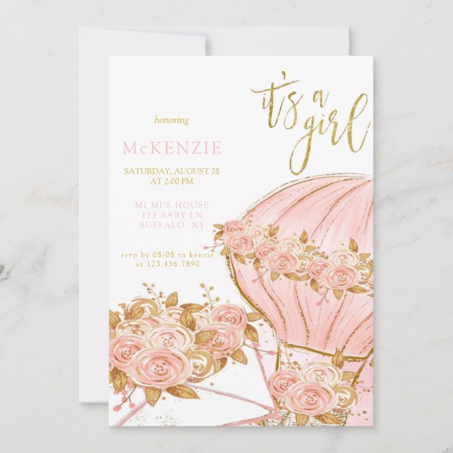 Rosa Peony Blommigt Balloon Girl Baby Shower Inbjudningar (Framsida)