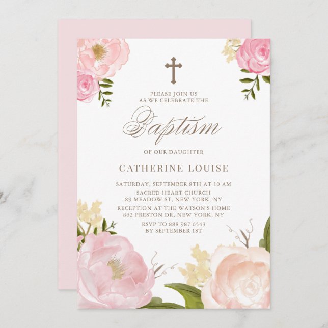  Rosa Peony Blommigt Baptism i vattenfärg Inbjudningar (Fram/baksida)
