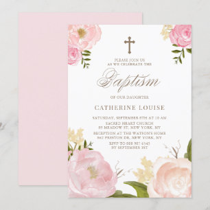  Rosa Peony Blommigt Baptism i vattenfärg Inbjudningar