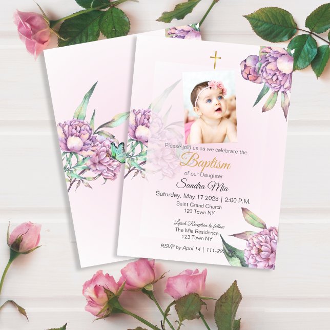 Rosa Peony Blommigt Baptism-inbjudan Inbjudningar (Pink Peony floral Baptism Invite)