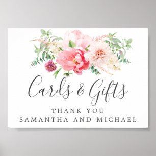 Rosa Peony Blommigt Bröllopskort and Gifts Sign Poster