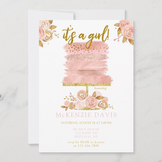 Rosa Peony Blommigt Cake Girl Baby Shower Inbjudningar (Framsida)