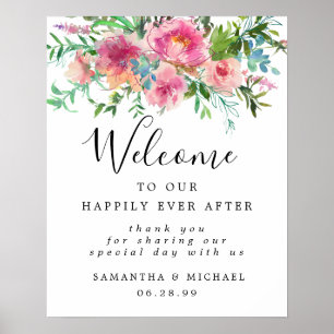 Rosa Peony Blommigt Elegant bröllop Välkomstskylt Poster