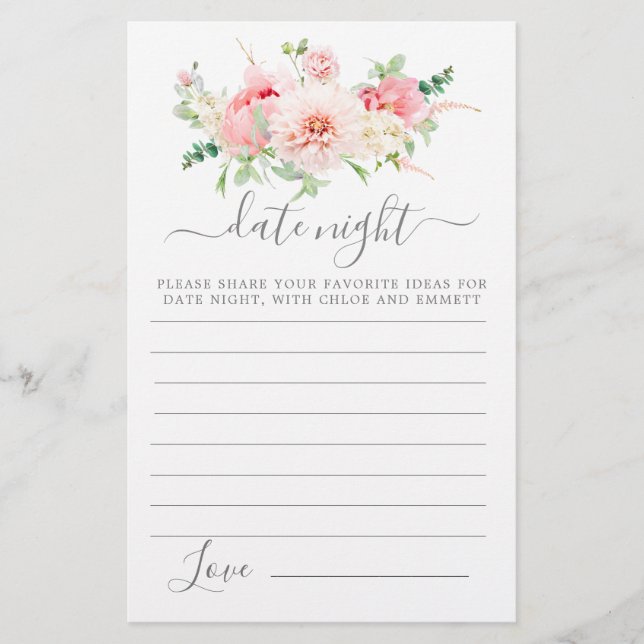 Rosa Peony Blommigt Greenery Date Night Card (Framsida)