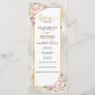 Rosa Peony Blommigt Guld Script & Ram Bröllop Program