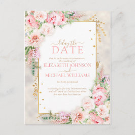 Rosa Peony Blommigt Guld Script & Ram Delningsdatu Vykort