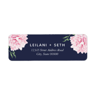 Rosa Peony Blommigt Navy Background BRÖLLOP Returadress Etikett