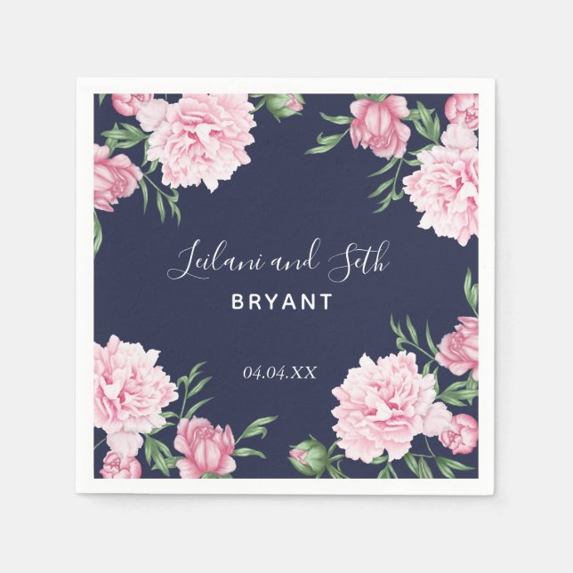 Rosa Peony Blommigt Navy | Bröllop Napkins Pappersservett (Framsidan)