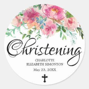 Rosa Peony Blommigt och Kor Christening Runt Klistermärke