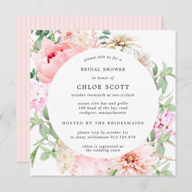 Rosa Peony Blommigt Square Möhippa Inbjudningar (Fram/baksida)