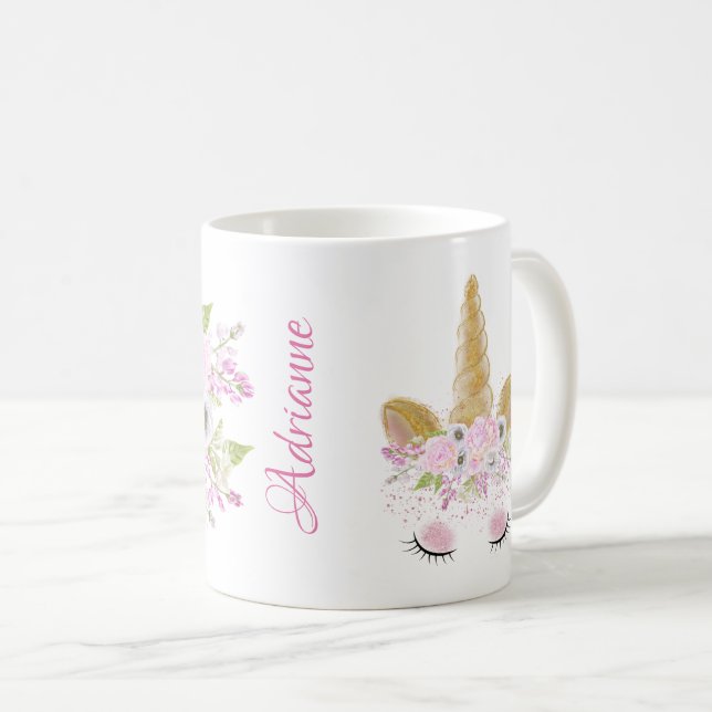 Rosa Peony Blommigt Unicorn WhimsicalArtwork™ Kaffemugg (Framsida höger)