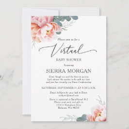  Rosa Peony Blommigt Virtuell Baby Shower Inbjudningar