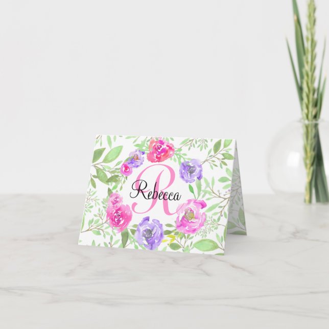 Rosa Peony Blommigt Watercolor Monogram Anteckningskort (Framsida)