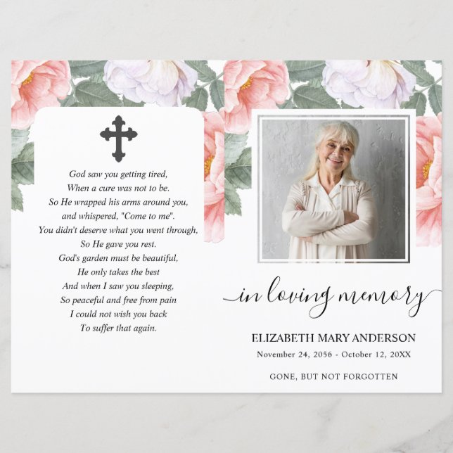 Rosa Peony Blommigt Watercolor Photo Funeral Progr (Framsida)